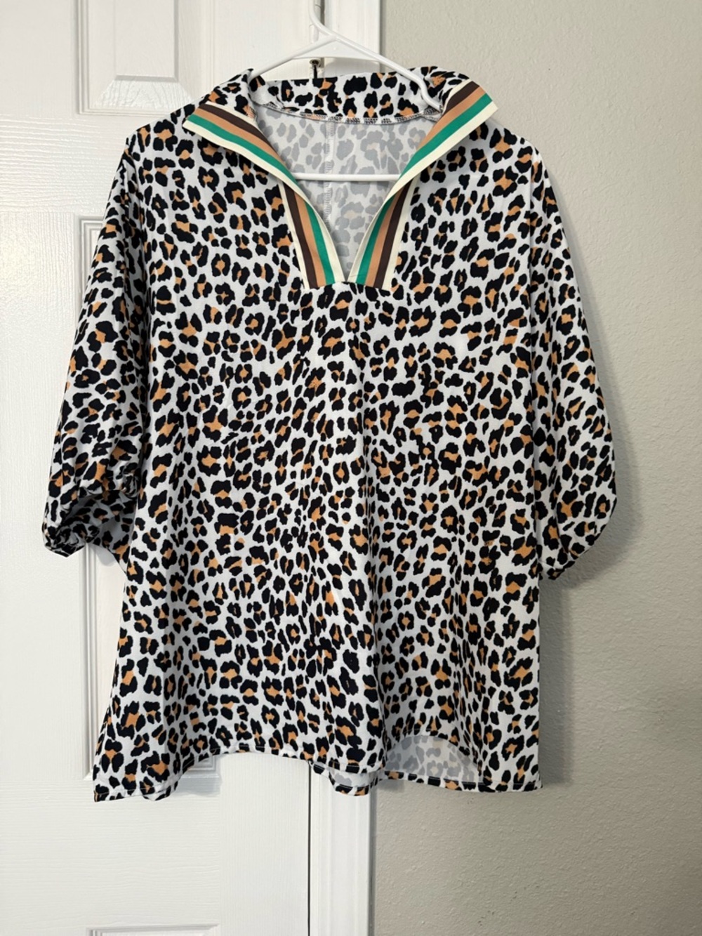 Leopard Print V-Neck Women’s Top with Striped Collar